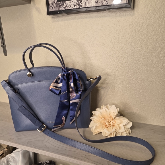 Furla Blue Handbag with Scarf Accent - Picture 10 of 13